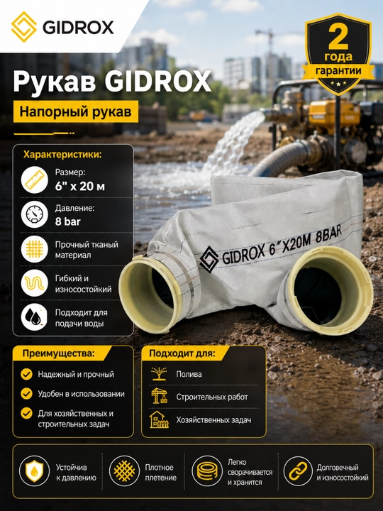 Напорный рукав GIDROX 20 м, 4/5/6/8 дюймов, для воды, давление до 8 бар - 