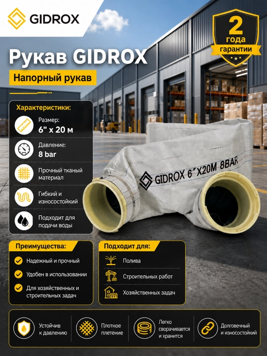 Напорный рукав GIDROX 20 м, 4/5/6/8 дюймов, для воды, давление до 8 бар