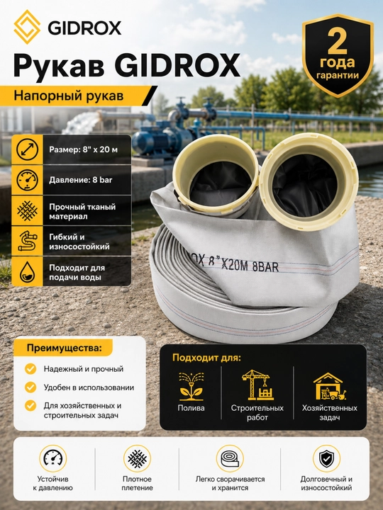 GIDROX bosimli suv shlangi 20 m, 4/5/6/8 dyuym, 8 bargacha