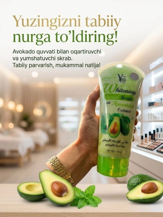 Yuz uchun oqartiruvchi skrab, avokado ekstrakti bilan, yumshoq eksfoliatsiya, 175 ml