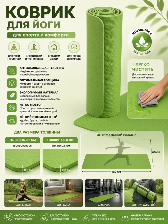 Yoga va fitnes uchun qalinligi 6 va 8 mm bo‘lgan, sirpanishga qarshi qoplamali sport gilami - 
