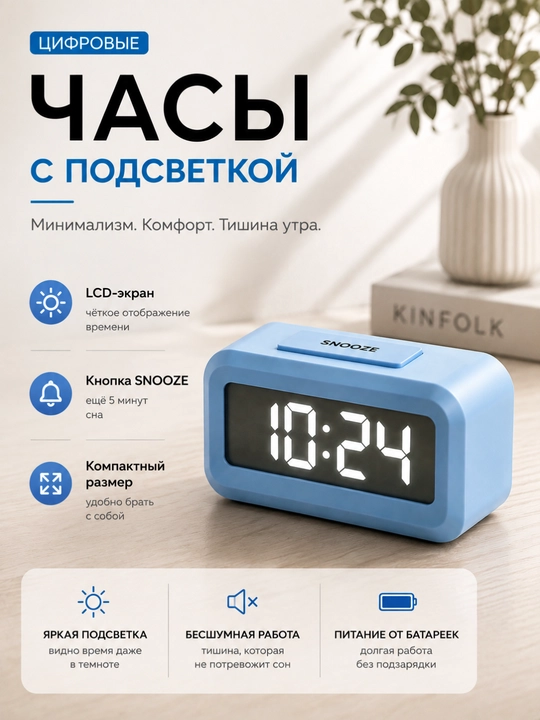 Цифровые часы с подсветкой, LCD-экраном и функцией Snooze - 