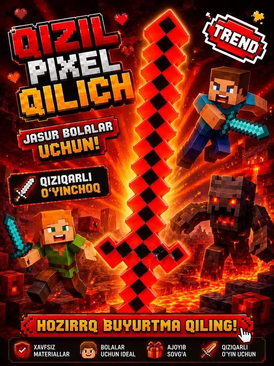 Minecraft uslubidagi bolalar uchun pikselli qilich, 3 xil rangda - 