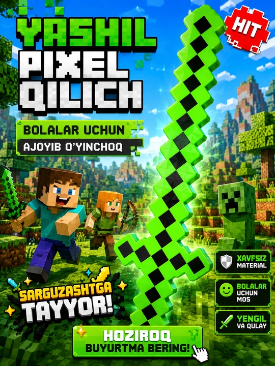 Minecraft uslubidagi bolalar uchun pikselli qilich, 3 xil rangda - 