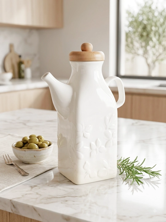 Yog‘ va sous uchun keramik dispenser, bambuk qopqoqli - 