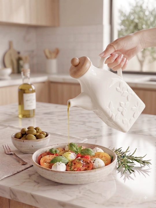 Yog‘ va sous uchun keramik dispenser, bambuk qopqoqli