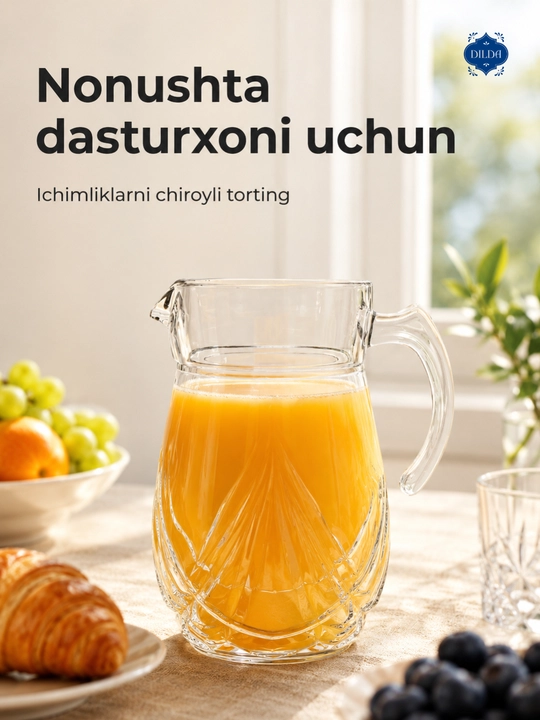 Shisha grafin dekanter metall qopqoqli suv, sharbat, limonad uchun servis idishi uyga
