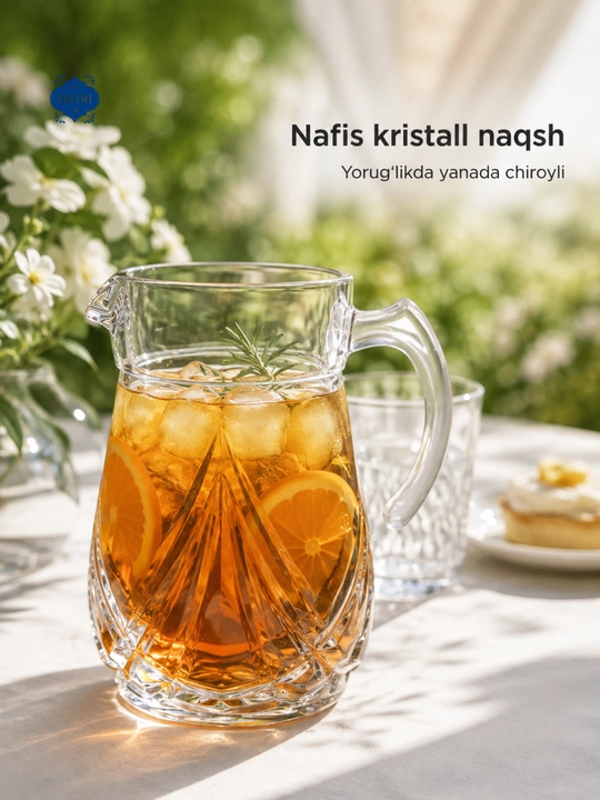 Shisha grafin dekanter metall qopqoqli suv, sharbat, limonad uchun servis idishi uyga