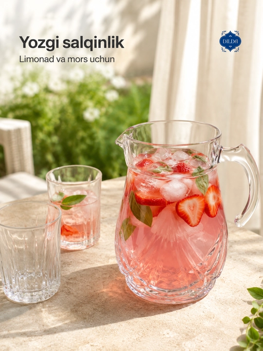 Shisha grafin dekanter metall qopqoqli suv, sharbat, limonad uchun servis idishi uyga