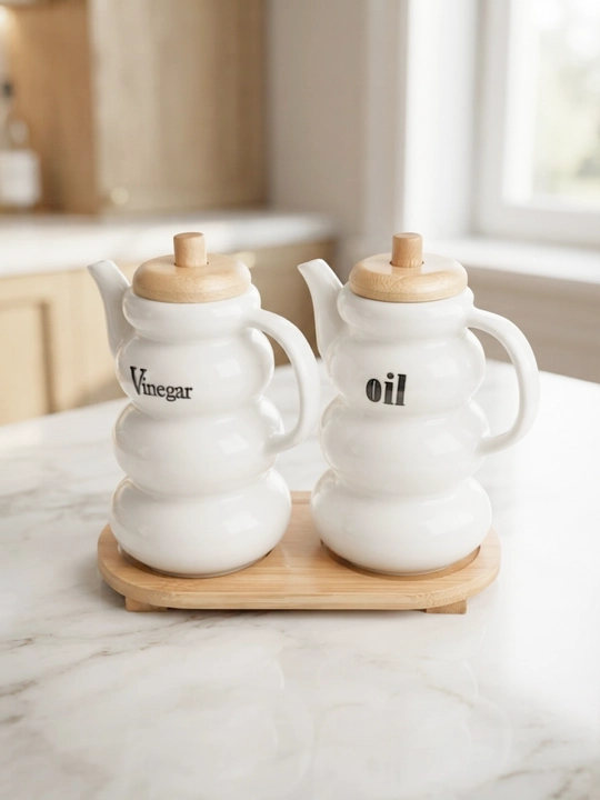 Yog‘ va sous uchun keramik dispenser, bambuk qopqoqli - 