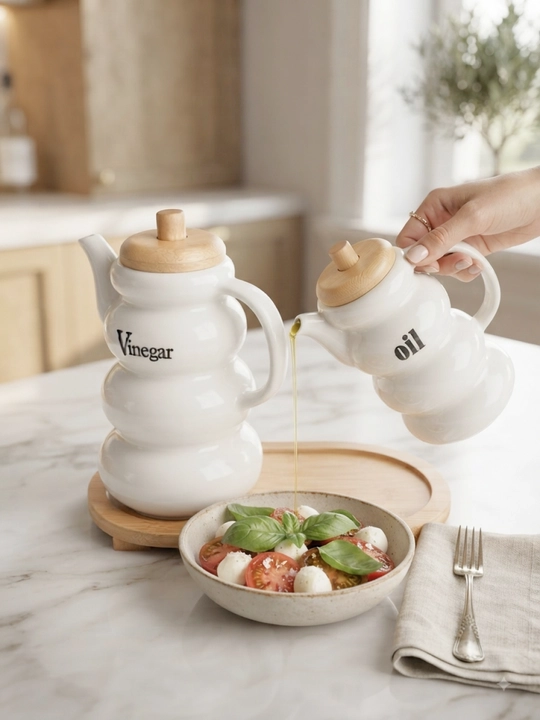 Yog‘ va sous uchun keramik dispenser, bambuk qopqoqli