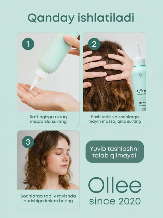 Ollee No Wash quruq shampuni, suvsiz yuvilmaydigan soch parvarishi geli, 150 ml
