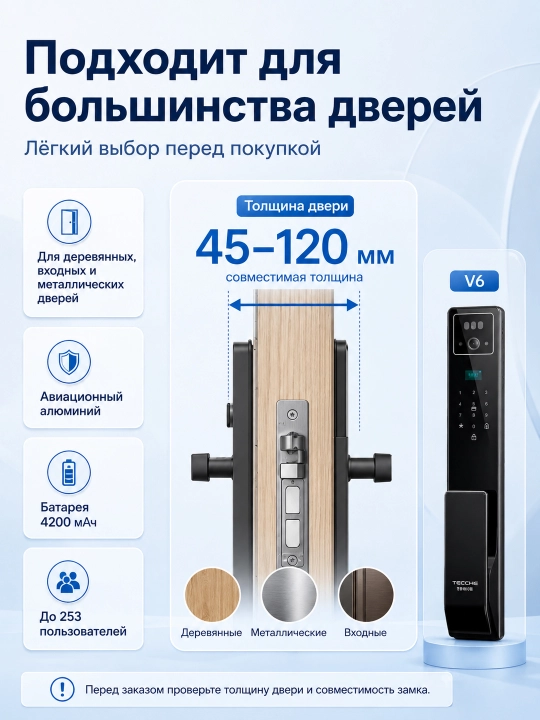 Aqlli eshik qulfi V6, 3D yuzni aniqlash, kamera, ekran va barmoq izi