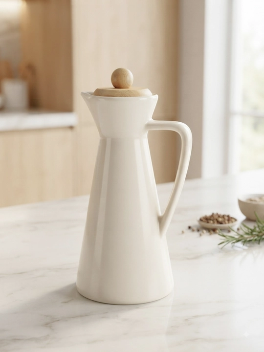 Yog‘ va sous uchun keramik dispenser, bambuk qopqoqli - 