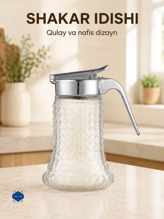Souslar, qiyom, asal va shakar uchun mo‘ljallangan, tutqichli, 14 × 9 sm o‘lchamli shisha dispenser - 