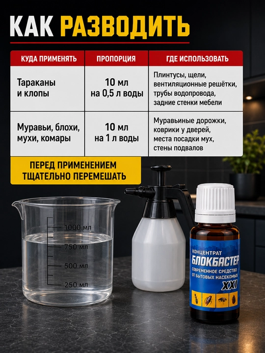 Blokbaster konsentrat, 10 ml, tarakan, chumoli, burga, qandalaga qarshi