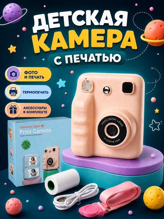 Детский фотоаппарат с печатью, мини камера, фото и видео, термопринтер, игры и музыка - 