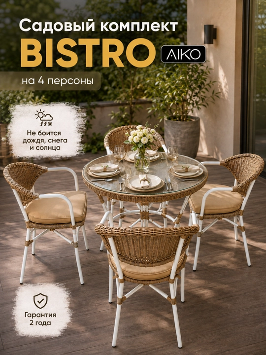Комплект садовой мебели AIKO Bistro, 1 стол и 4 кресла, ротанг, стеклянная столешница - 