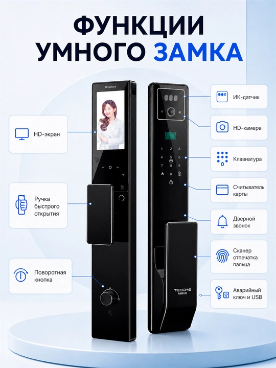 Умный дверной замок V6, 3D-распознавание лица, камера, экран, отпечаток - 