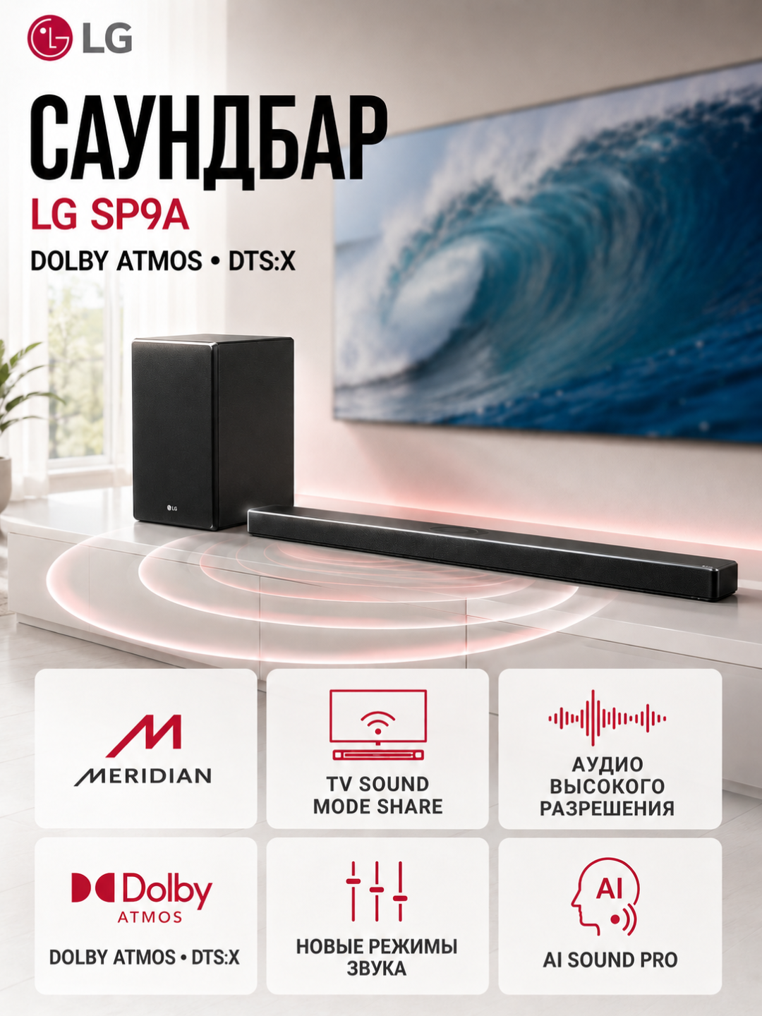 Saundbar LG SP9A Dolby Atmos DTS:X Meridian AI Sound Pro - 
