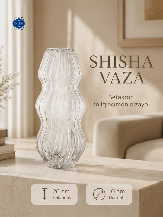 Shisha vaza gullar uchun, shaffof, dekorativ, turli dizaynli, uy va ofis uchun, PISHGAMAN