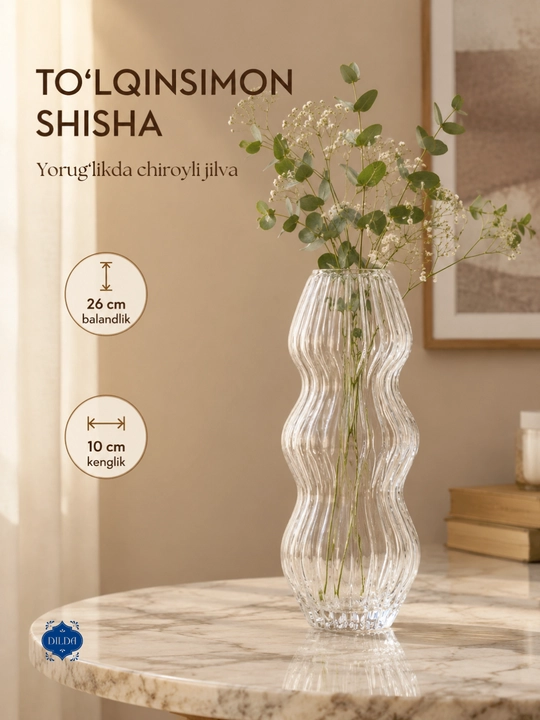 Shisha vaza gullar uchun, shaffof, dekorativ, turli dizaynli, uy va ofis uchun, PISHGAMAN