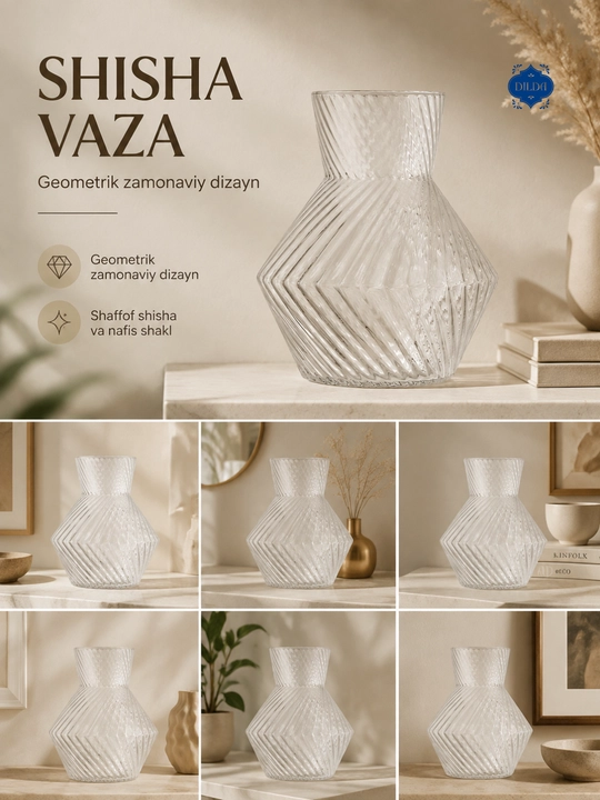 Shisha vaza gullar uchun, shaffof, dekorativ, turli dizaynli, uy va ofis uchun, PISHGAMAN