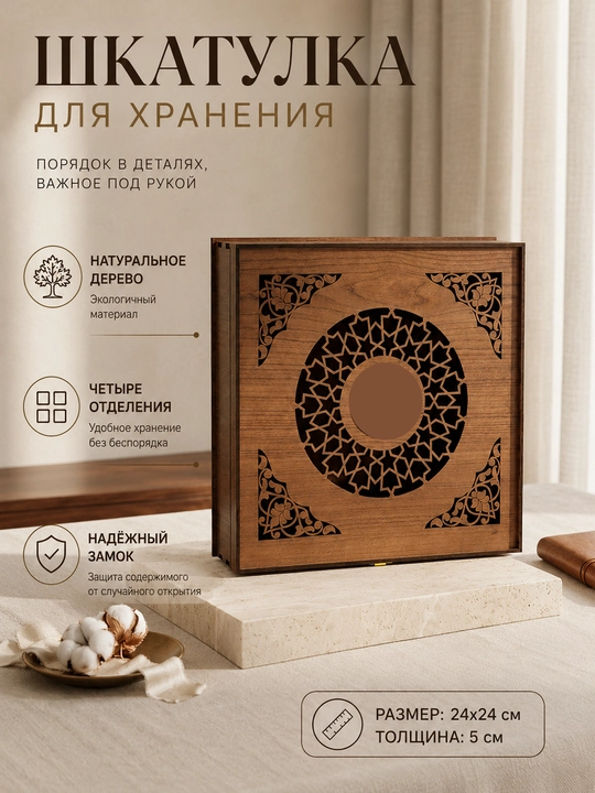 Saqlash qutisi gerbi tushirilgan, yog‘ochli suvenir, 24×24 sm, 4 bo‘limli