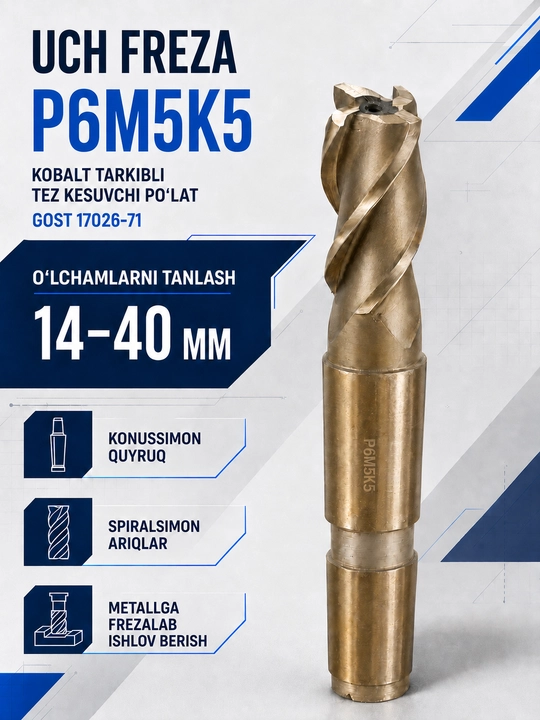 R6M5K5 kobaltli konussimon dastali uch freza, 14–40 mm, GOST 17026-71