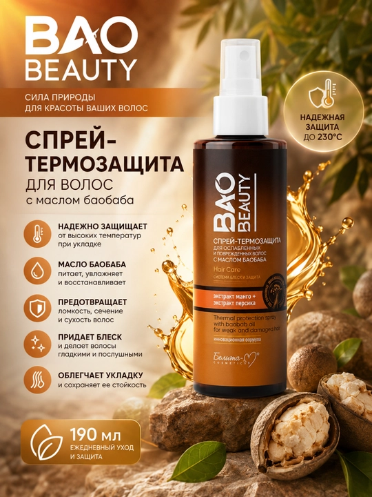 Спрей-термозащита для волос Белита Bao Beauty, с маслом баобаба, 190 мл - 