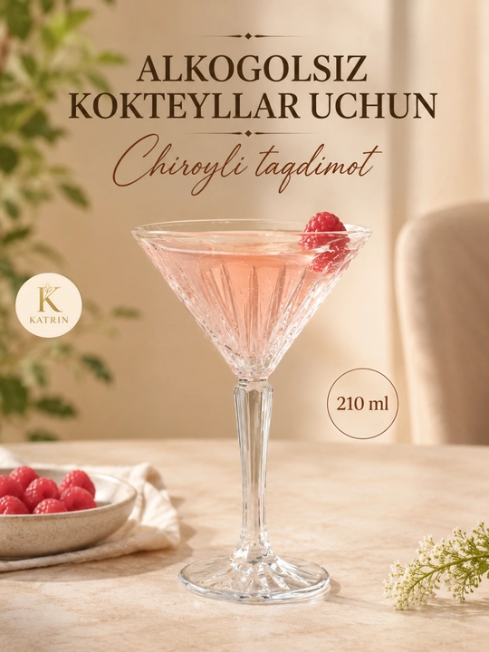 Desert va alkogolsiz kokteyllar uchun qirrali shisha martinka bokali, 210 ml