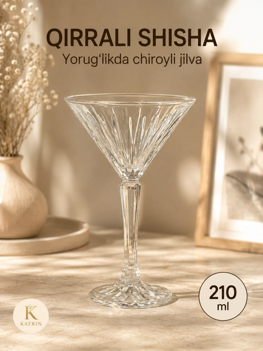 Desert va alkogolsiz kokteyllar uchun qirrali shisha martinka bokali, 210 ml