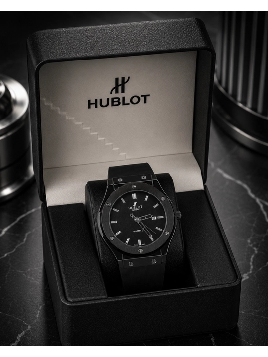 Мужские наручные часы Hublot — стильные кварцевые часы с каучуковым реком - 