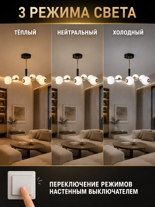 Osma LED lyustra 6 plafonli , 3 xil yorug‘lik rejimi, 20 m² gacha