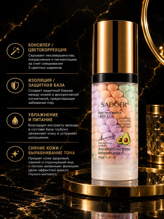 SADOER 4 in 1 avokadoli namlantiruvchi makiyaj bazasi, 3 rangli, 40 g