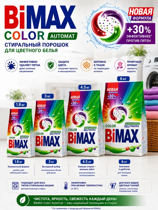 Rangli kiyimlar uchun BiMax Color Automat kir yuvish kukuni - 