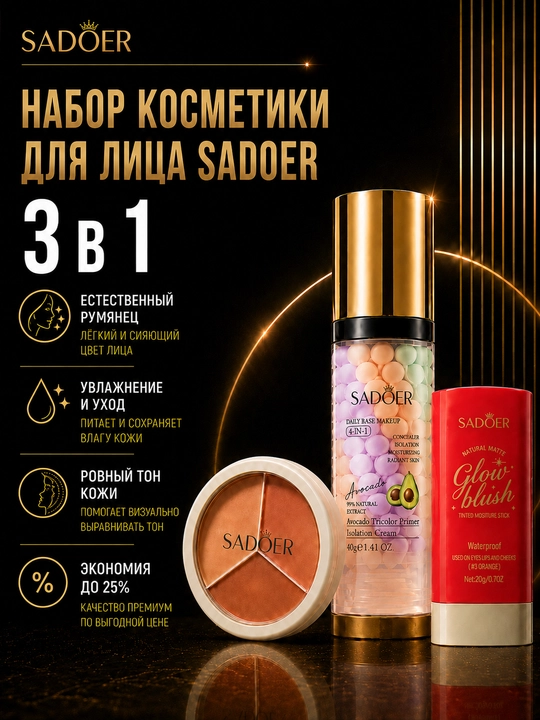 Набор для макияжа SADOER 3 в 1: база под макияж, консилер-корректор, румяна-тени-помада - 