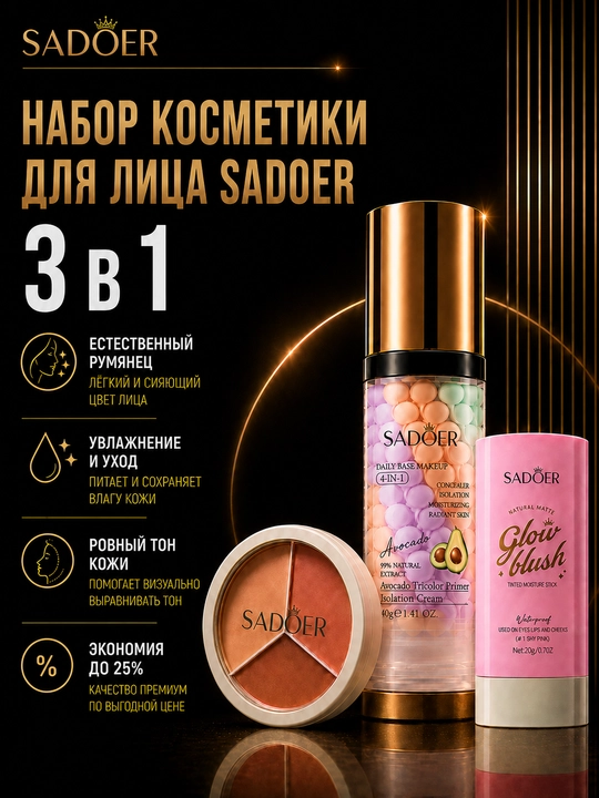Набор для макияжа SADOER 3 в 1: база под макияж, консилер-корректор, румяна-тени-помада - 