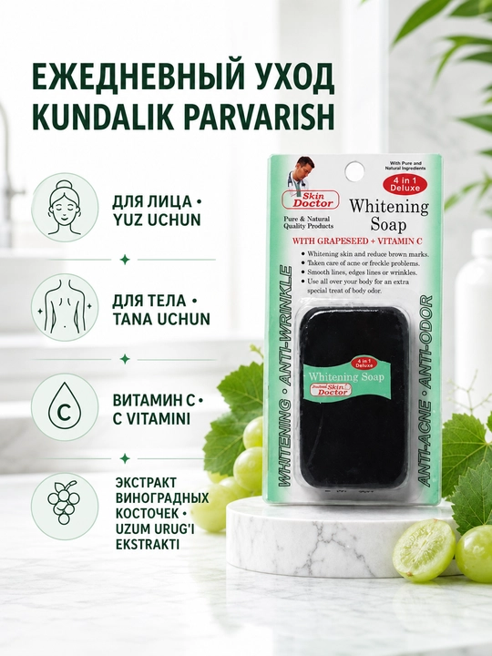 Yuz va tana uchun oqartiruvchi sovun 4v1, vitamin C va uzum bilan