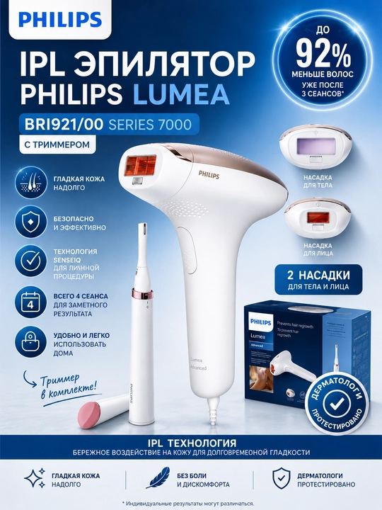Фотоэпилятор Philips Lumea BRI921 для удаления волос, домашний депилятор для лица и тела - 