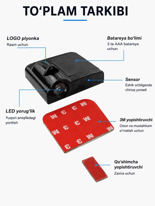Avtomobil eshigi uchun sensorli LED logo proyektor chirog‘i