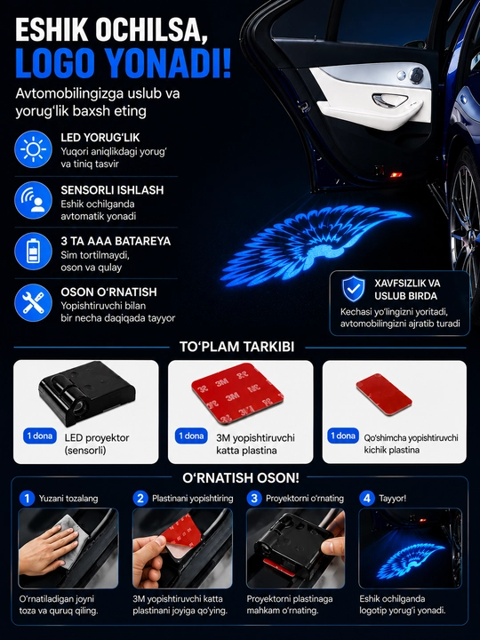 Avtomobil eshigi uchun sensorli LED logo proyektor chirog‘i
