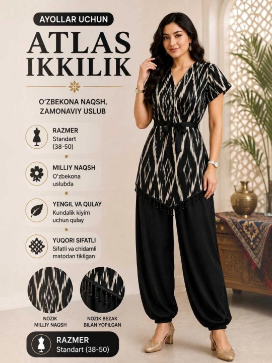 Ayollar va qizlar uchun milliy atlas kostyum - 