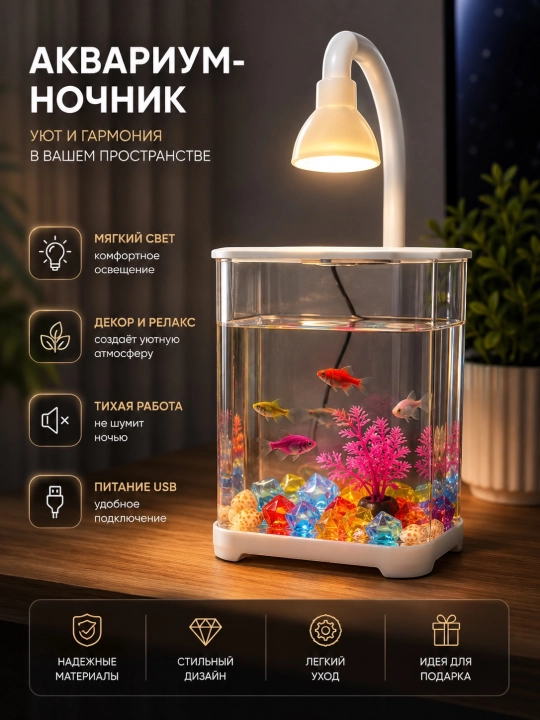 Настольный мини-аквариум с подсветкой, включающий набор ракушек и декоративных элементов - 