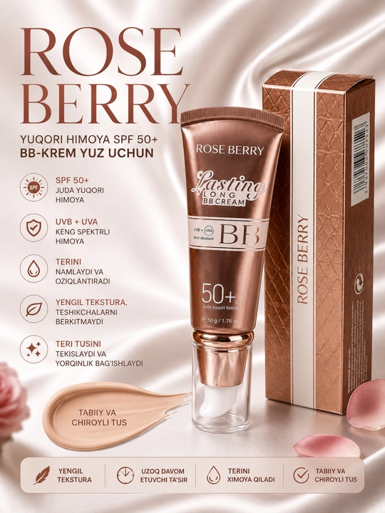 ROSE BERRY BB krem yuz uchun SPF 50+, teri rangini tekislovchi, 50 g - 