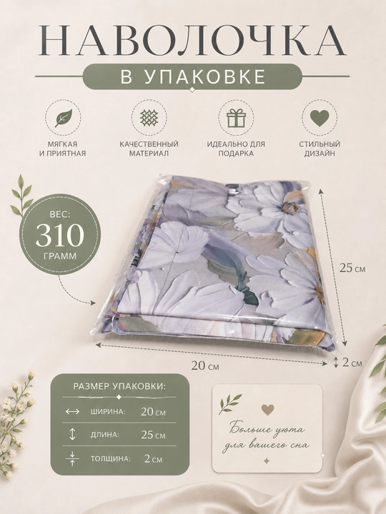 Комплект наволочек 50х70 см из суперсатина,  2 шт для подушек