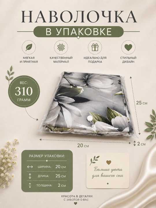Комплект наволочек 50х70 см из суперсатина,  2 шт для подушек