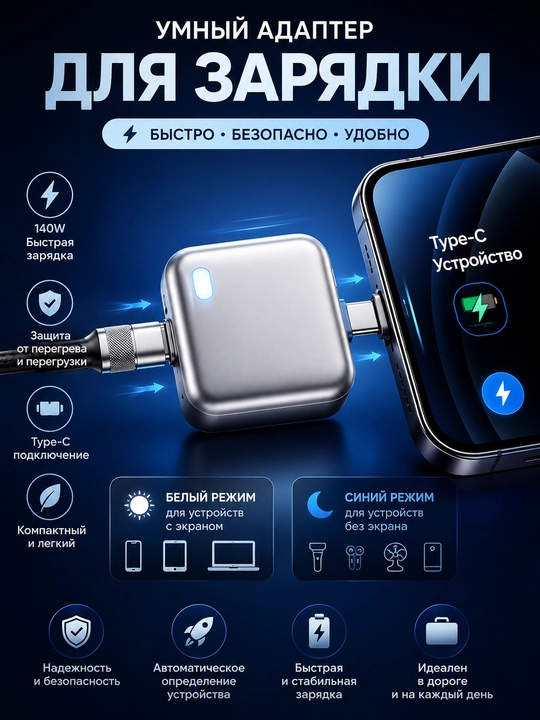 Умный USB C адаптер 140W  быстрая безопасная зарядка с автоматическим отключением