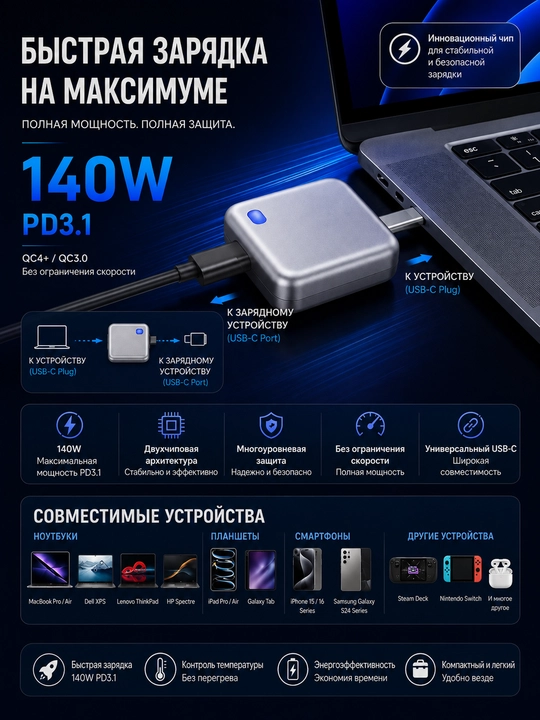 Умный USB C адаптер 140W  быстрая безопасная зарядка с автоматическим отключением