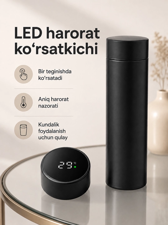 Смарт-термос 500 мл с сенсорной LED-крышкой, фильтром и стальной колбой